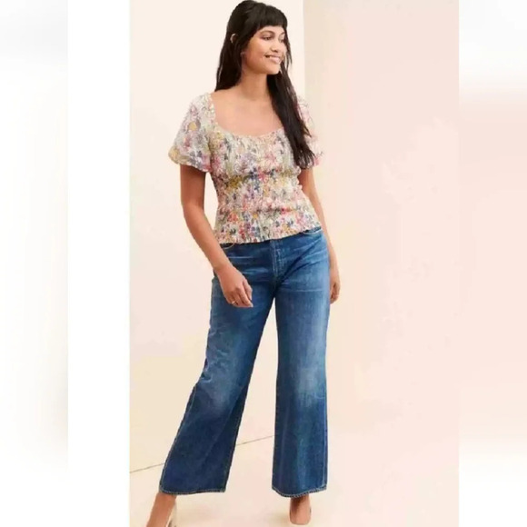 By Anthropologie Aurelia Floral Smocked Top Blouse with Puff Sleeves Large - Picture 9 of 16